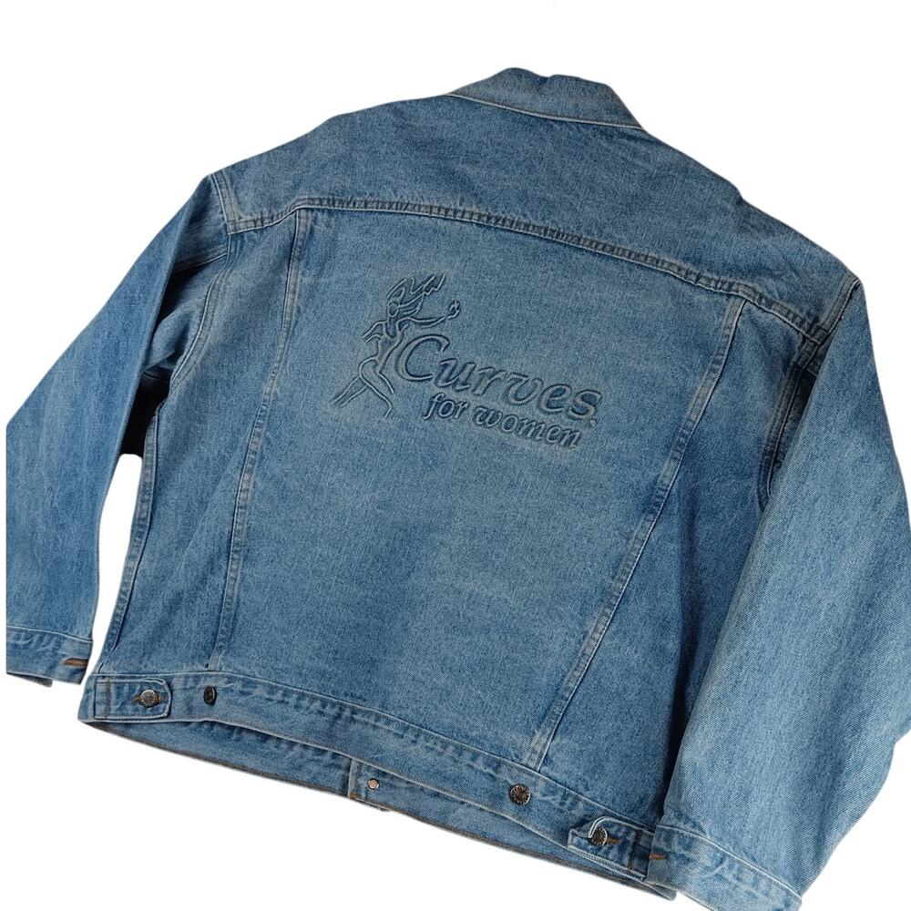 Vintage Tyca‎ USA Denim Trucker Jacket Womens XXL Blue Fade Embossed Curves 80s